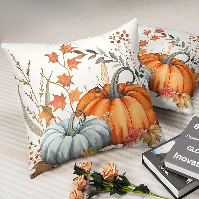 Orange Blue Pumpkin Pillow Covers Fall Maple Leaves Throw Pillow Covers Autumn Farmhouse Decorative Cushion Case 22x22 for Living Room Couch Patio Set of 2