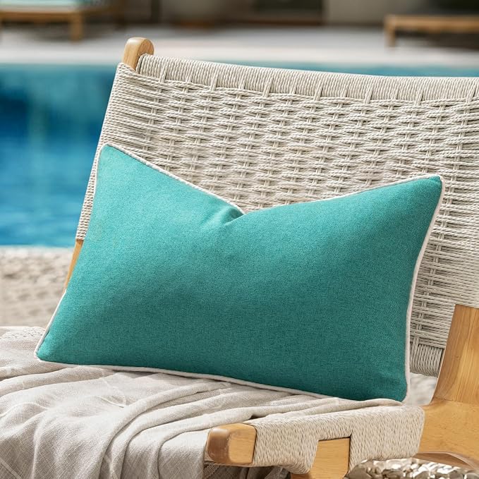 ANRODUO Set of 2 Outdoor Waterproof Pillow Covers 12x20 Inch Turquoise Decorative Throw Pillow Covers Linen Lumbar Solid Color Couch Pillow Covers for Patio Tent Bed Sofa and Living Room Summer Decor