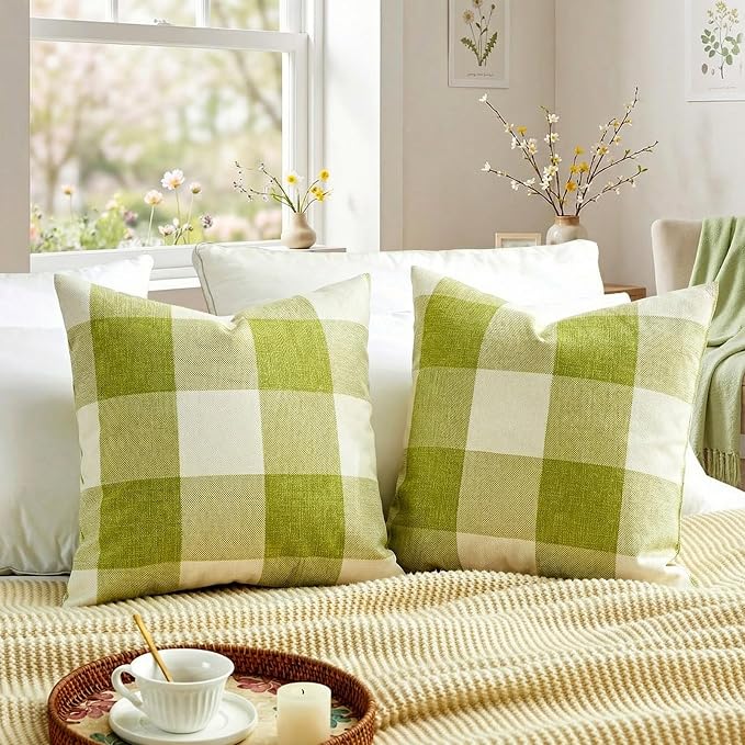 CARRIE HOME Spring Sage Green Plaid Pillow Covers 20x20 Set of 2, Green Decorative Buffalo Plaid Couch Pillows, Farmhouse Spring Home Decor Indoor Checkered Pillow Cover (No Pillow Inserts)