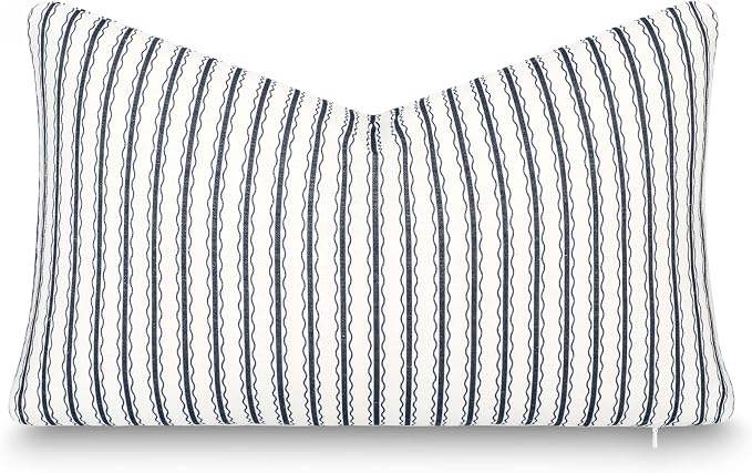 California Casual Coastal Indoor Outdoor Lumbar Pillow Cover, 12"x20" Water Repellent for Patio, Backyard, Couch, Poolside, Dark Navy Print Wave Stripes