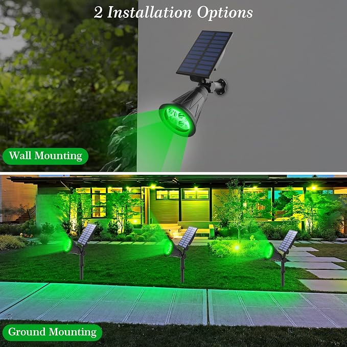 T-SUN Green Solar Spotlights, IP65 Waterproof Outdoor 4 LED Solar Garden Lights, Auto ON/Off Adjustable Wall Lights, 180°Angle Adjustable for Tree,Patio,Yard,Driveway,Stairs,Pool Area (Green-4 Pack)