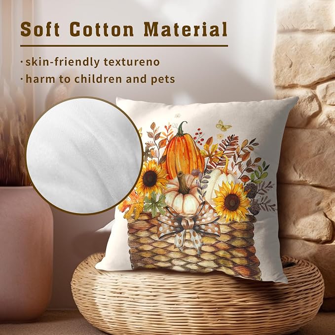 Fall Farmhouse Pillow Covers 16x16 Inch, Set of 2 Autumn Pumpkin Sunflowers Leaves Basket Square Cotton Pillowcases for Couch Sofa Living Room Bedroom Indoor Outdoor Decor