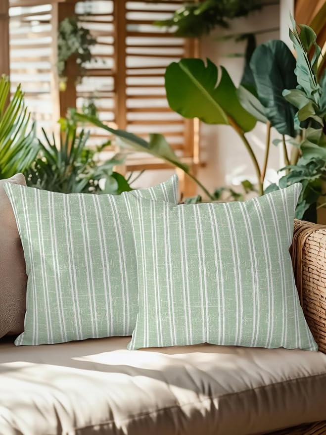 Waterproof Outdoor Pillow Set of 2 Green Linen Striped Decorative Throw Pillows Cover & Insert 18x18 Inch Pillowcase Vertical Stripes Lines Pillows for Couch Sofa Bed Patio Furniture Indoor Outdoor