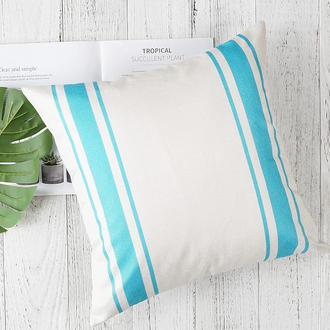 ONWAY Outdoor Pillow Covers Waterproof 18x18 Set of 2 Decorative Linen Throw Pillow Cover Beige and Blue Striped Outdoor Pillows for Patio Furniture