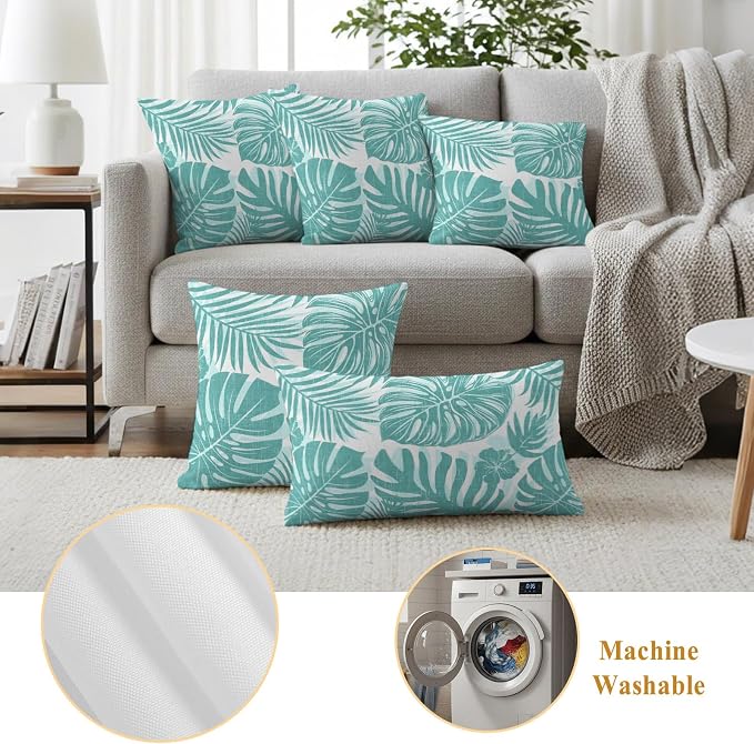 Aqua Teal Palm Leaves Outdoor Pillow Covers 18"x18" Set of 2, Tropical Botanical Minimalist Modern Waterproof Throw Pillow Covers for Patio Furniture, Decorative Cushion Covers for Porch