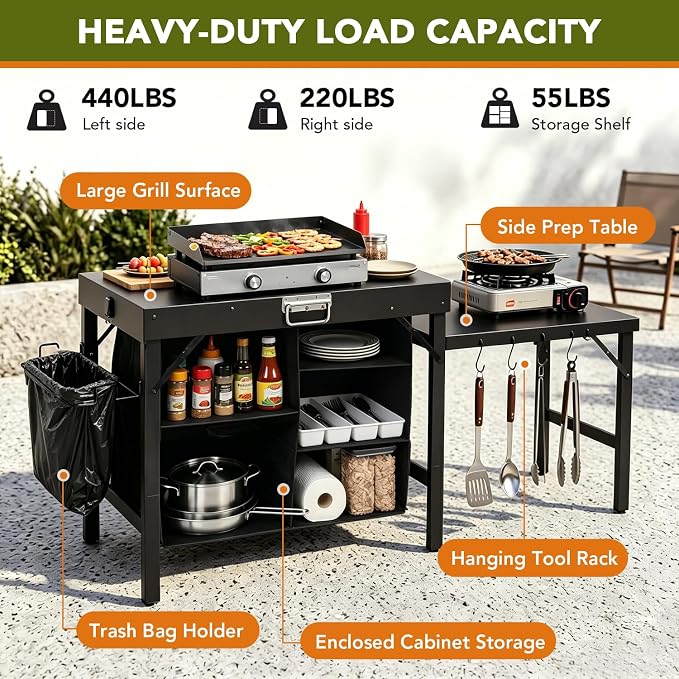 Grill Table Compatible with Blackstone Griddles, Portable Foldable Griddle Stand with Storage Shelf, Heavy Duty Camping Kitchen Table for Outdoor Cooking, BBQ, Camping and Patio, Black