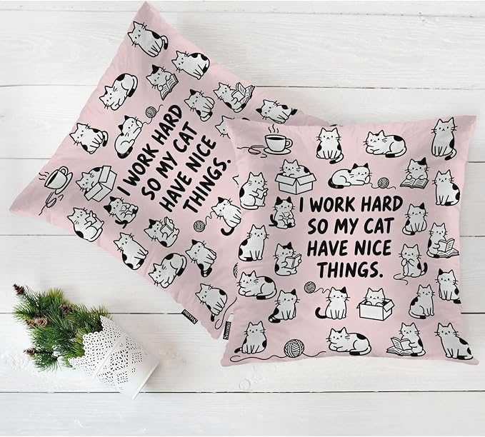 Swono Throw Pillow Covers Cats, Cute Cat Work Hard So My Cat Have Nice Things Accent Cushion Covers Decorative Pillowcase for Men Women, Livingroom Sofa Bed Pillows Covers 18x18 Inch Set of 2, Pink