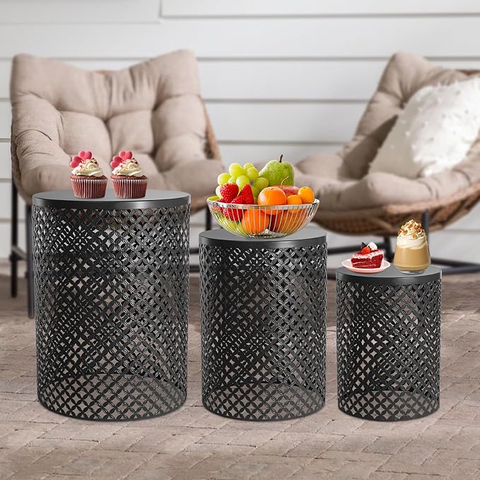 Set of 3 Outdoor Side Table, Garden Stool for Patio, Metal Accent Table Modern End Table, Patio Side Table for Garden, Balcony, Bedroom Indoor Outdoor Decorative, Jet Black