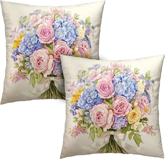 Spring Summer Floral Pillow Covers 20x20 Pink Rose Blue Hydrangea Throw Pillow Covers Exquisite Bouquet Pillow Case Flowers Cushion Case for Living Room Couch Sofa 2 Pack