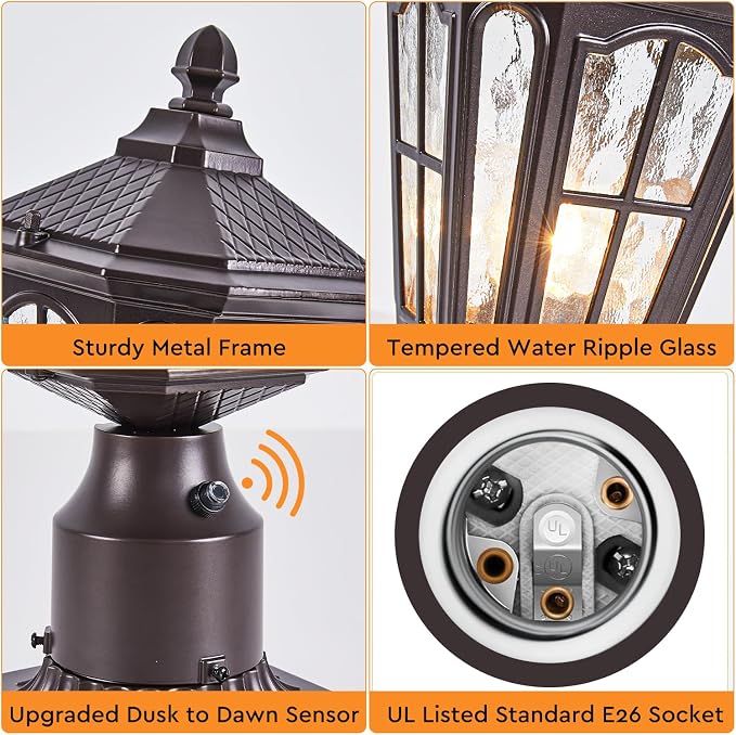 Dusk to Dawn Outdoor Post Lights with Pier Mount Base, Aluminum Exterior Pillar Light Fixture with Water Ripple Glass, Oil Rubbed Bronze Pole Light for Garden, Patio, Pathway