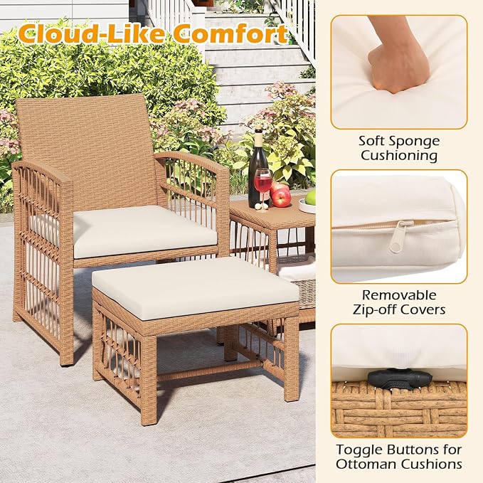 HAPPYGRILL 5 Pieces Patio Conversation Set PE Rattan Balcony Furniture Set with 2 Armchairs, 2 Ottomans & 2-Tier Side Table, Outdoor Wicker Chair Set with Cushions