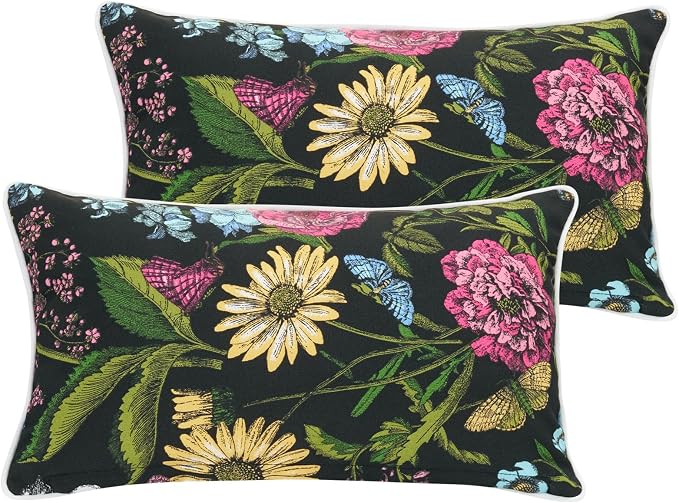 FUNHOME Outdoor Lumbar Pillows 12x20 inch,Decorative Throw Pillow Set of 2 with Insert,Water Resistant Headrests for Patio Furniture Sofa Couch Chair(Butterfly Flower Black)