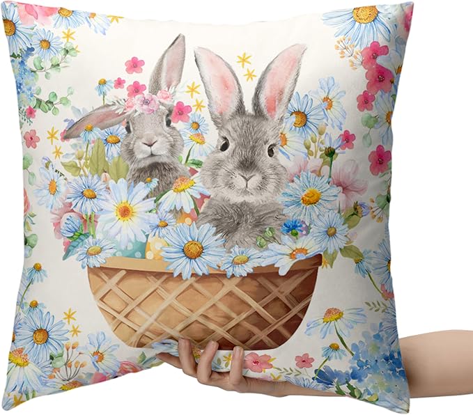 Easter Bunny Pillow Covers 16x16 Spring Rabbit Daisy Floral Throw Pillow Covers A Basket Filled with Lovely Bunny and Flowers Pillowcase Cushion Case for Sofa Patio Garden 2 Pack