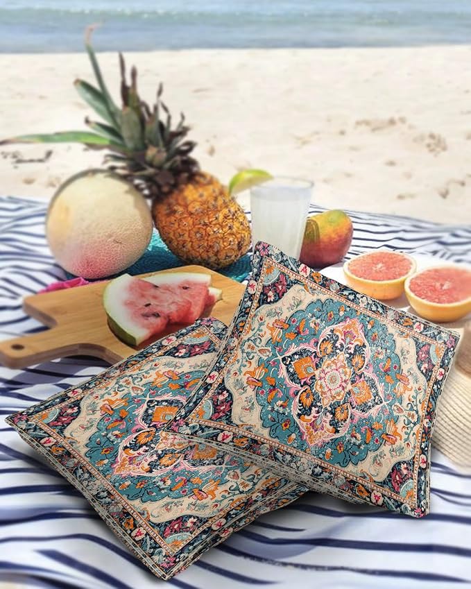 Outdoor Waterproof Pillow Covers Set of 2, Meddle Century Vintage Floral Mural Pattern Patio Throw Pillow Covers, Decorative Cushion Case for Couch Sofa Furniture Garden, 20x20 Inch