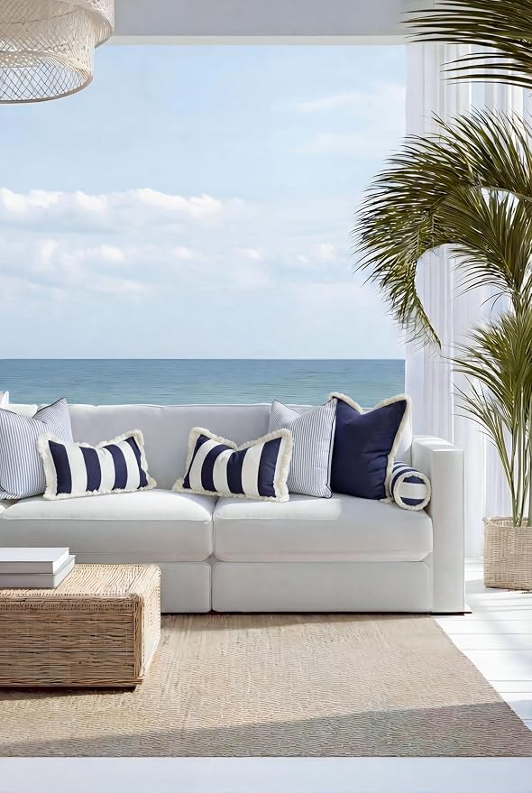 Hofdeco Premium Coastal Hampton Outdoor Performance Lumbar Pillow Cover Only, 12"x20" Water Repellent, UV and Fade Resistant for Backyard, Couch, Poolside, Indigo Blue Woven Beach Stripes