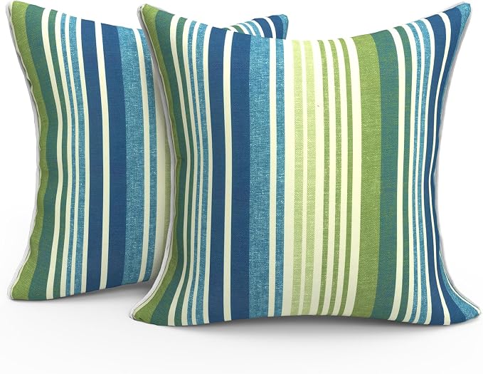 Outdoor Throw Pillow Covers Pack of 2, Decorative Water Repellent Square Pillow Cases with Piping 18x18 Inch, Stripe Blue Green