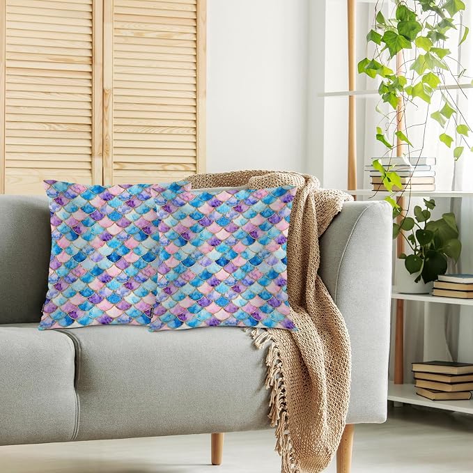Swono Mermaid Scales Decorative Throw Pillow Cushion Covers, Rainbow Mermaid Fish Scales Cozy Pillowcase Home Decor, Double-Sided Printed Pillow Covers for Bedroom Livingroom Office 18x18 Set of 2