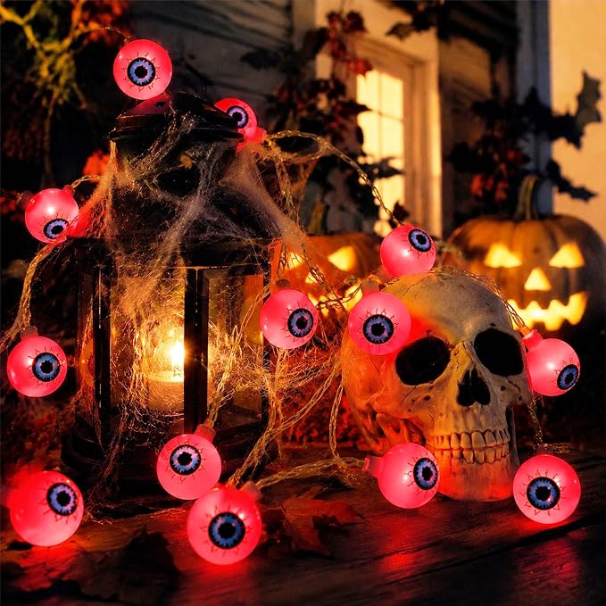 Crazy Night Halloween String Lights 10Ft 20 LEDs Battery Operated Red Eyeball Lights with Steady Flashing Modes Halloween Party Decor