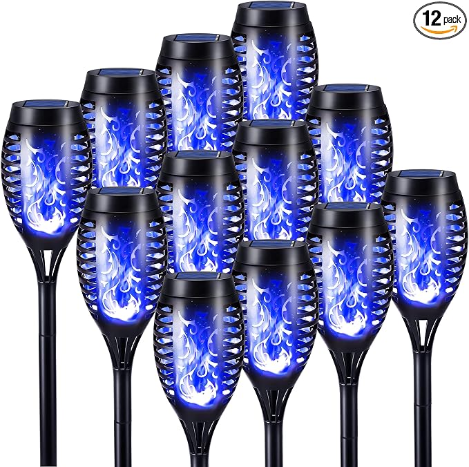 Toodour Solar Torch Flame Lights, 12 Pack Solar Lights Outdoor with Flickering Flame, Waterproof Patio Light Landscape Decoration Lighting for Garden, Lawn, Yard, Outdoor Decorations - Blue