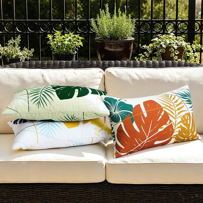 OTOSTAR Outdoor Waterproof Throw Pillow Covers 16x24 Inch Set of 2 Double-Sided Yellow Blue Tropical Leaf and Flower Spring Summer Decorative Pillow Cases for Patio Funiture Garden Tent Balcony Couch