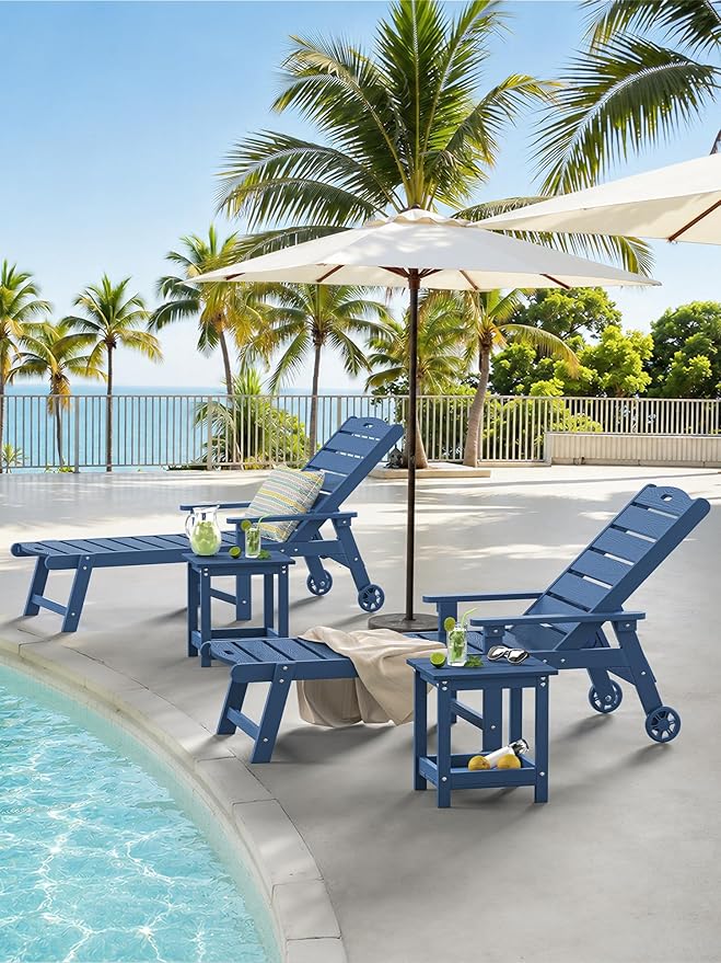 LUE BONA Outdoor Side Table, 2-Tier HDPE Small Outdoor End Table with Rail for Patio, Deck, Poolside, Low Maintenance & Weather Resistant, Prussian Blue