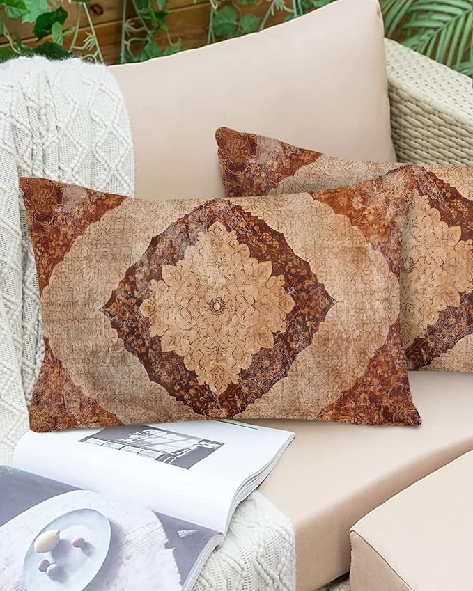 Outdoor Waterproof Pillow Covers Set of 2, Meddle Century Vintage Carpet Mural Pattern Brown Patio Throw Pillow Covers, Decorative Cushion Case for Couch Sofa Furniture Garden, 20x12 Inch
