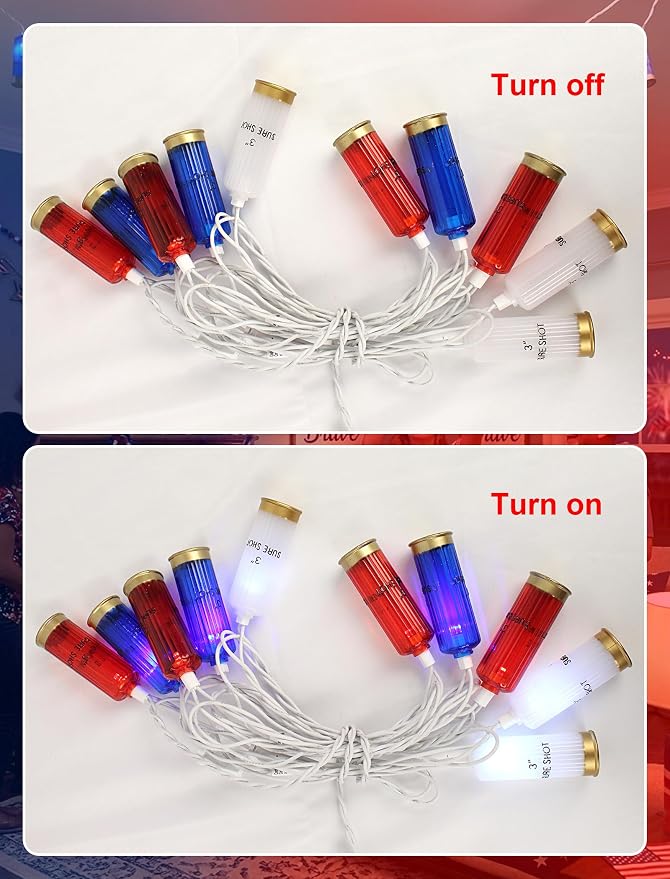 8.5Ft 4th of July String Lights, 10 LED Red White Blue Shotgun Shell Lights | Plug in for Home Classroom Porch Backyards Tree Patriotic Holiday Decorations, Indoor and Outdoor Use