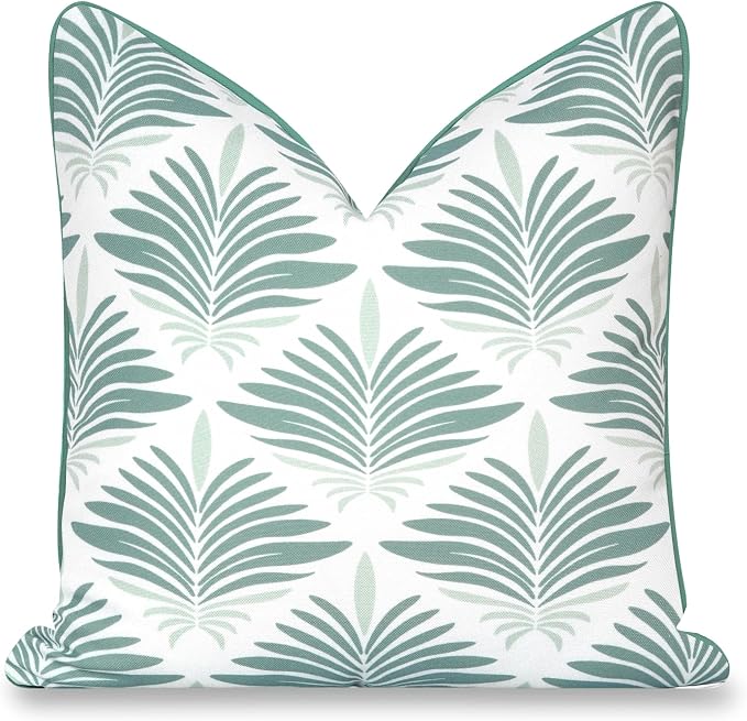 Hofdeco Premium Coastal Hampton Patio Indoor Outdoor Throw Pillow Cover Only, 20"x20" Water Repellent for Backyard, Couch, Poolside, Celadon Green Print Abstract Plam Leaves