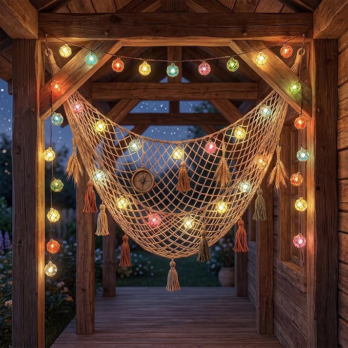 8.5 Ft 10L Multicolor Nautical Fishing Float String Lights Set of Fish Net | Waterproof，Plug in Beach Themed Buoy Lights for Indoor Party, Tiki Bar, Home, Camping Outdoor Patio Decorations