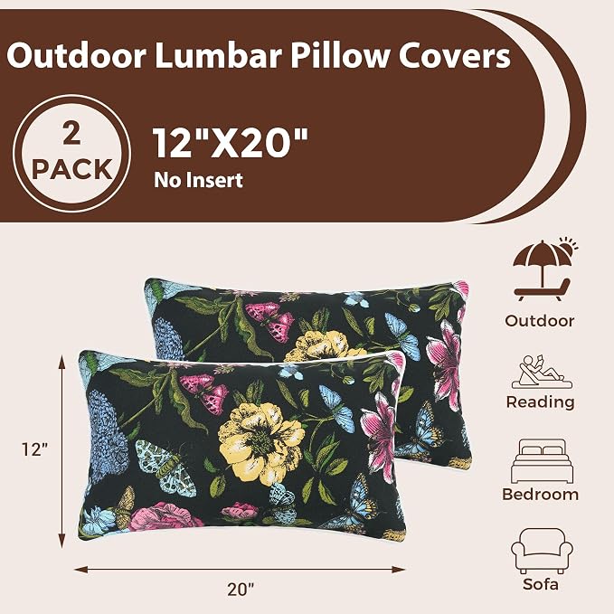 Outdoor Lumbar Pillow Covers 12X20 Inch, No Insert-Black Flower Butterfly | Patio Lumbar Cases Pack of 2, Water-Repellent, Throw Pillowcase for Couch Garden Furniture