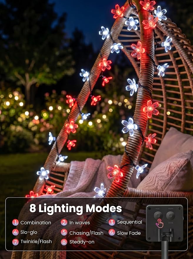 ITICdecor Solar Flower String Lights Outdoor Waterproof 50 LED Solar Powered Fairy Lights for Garden, Fence, Patio, Yard, Christmas Tree & Party Decor(Red&White)