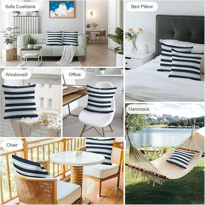 Aqua Navy Blue Striped Outdoor Pillow Covers Waterproof, All Weather Cushion Case Set of 2, Modern Abstract Lines Geometric Decorative Pillowcases for Sofa Couch Bed Decor Patio Furniture 16"x16"