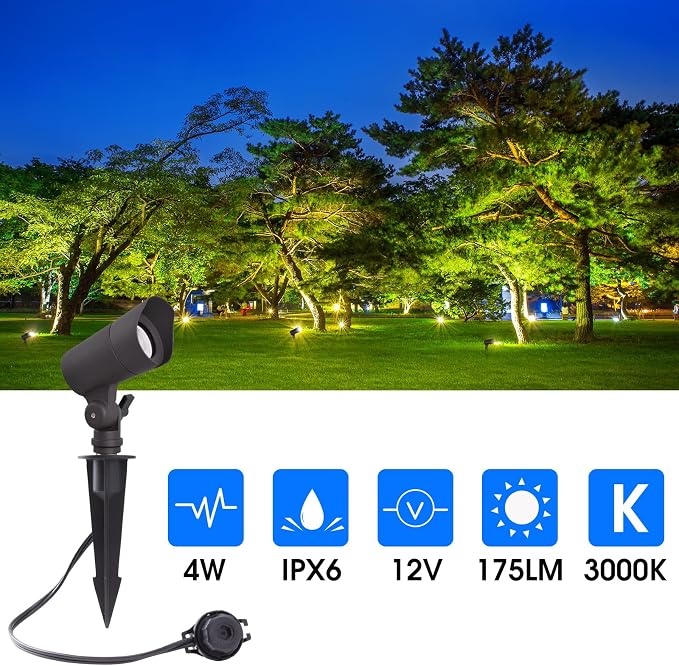 E ENERGETIC LIGHTING LED Landscape Lights with Connectors, 12V Low Voltage, Warm White 3000k, 4W, 175LM, Outdoor Waterproof Garden Pathway Lights Wall Tree Flag Spotlights with Spike Stand, 6 Pack