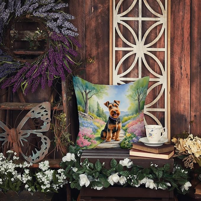 Caroline's Treasures Welsh Terrier Spring Path Throw Pillow Machine Washable, Indoor Outdoor Decorative Pillow for Couch, Bed or Patio, 18Hx18W
