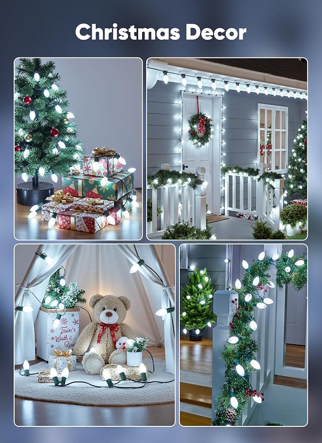 Vintage C9 Christmas Lights Outdoor, 100Ft 50 LED Pure White String Lights | Waterproof Shatterproof Connectable Christmas Tree Lights for House Outside Roofline Patio Yard Home Xmas Decorations