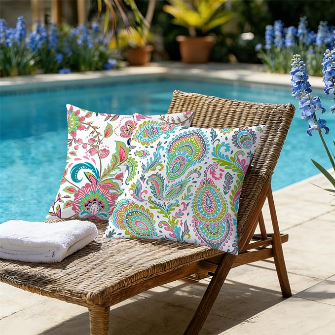 NIGHTWISH Outdoor Waterproof Pillow Covers 16x16 Set of 4 Spring Summer Floral Boho Decorative Outdoor Throw Pillows Paisley Cushion Cases for Patio Furniture Bench Couch Sunbrella