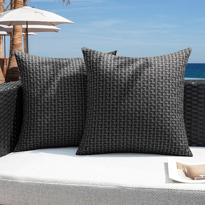 Kevin Textile Outdoor Waterproof 26"x26" Pillow Covers 2 Pack, Black | Water Resistant Weaving Faux Linen Texture Throw Pillow Covers, Outside Decorative Pillowcases for Garden Patio Balcony Couch