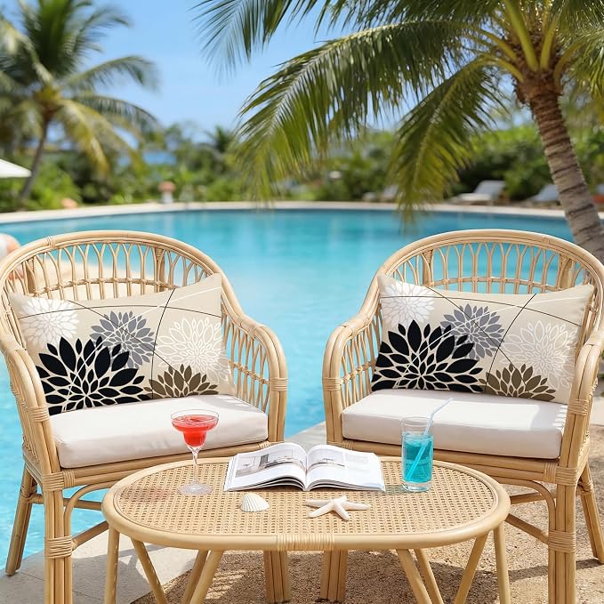 OTOSTAR Outdoor Black Gray Pillow Covers 12x20 Inch Set of 2 White Flower Throw Pillows Farmhouse Geometric Dahlia Floral Lumbar Cushion Case Waterproof Decor for Sofa Patio Funiture Garden