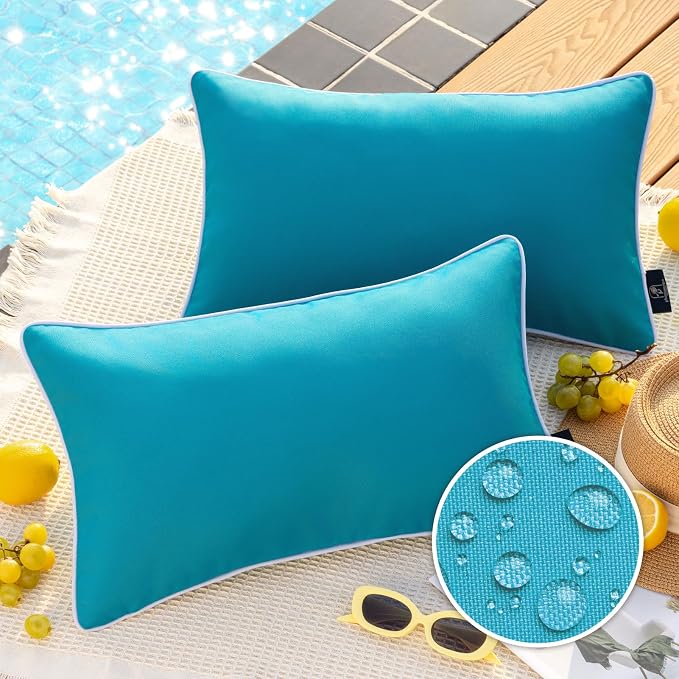 Phantoscope Pack of 2 Outdoor Waterproof Solid Throw Decorative Pillow Cover Decorative Square Outdoor Pillows Cushion Case Patio Pillows for Couch Tent, Teal Blue 12x20 inches 30x50 cm
