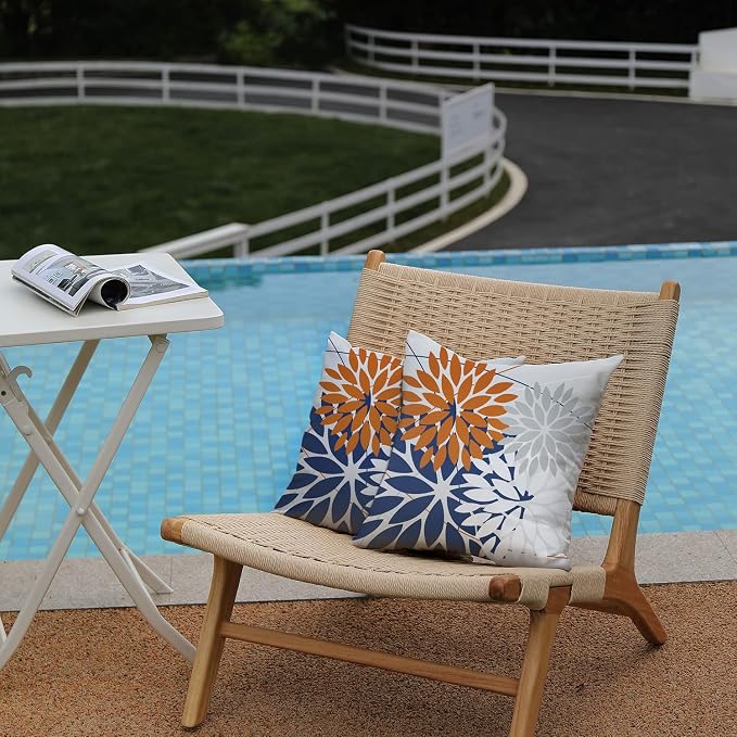 DFXSZ Pack of 2 Outdoor Waterproof Throw Pillow Covers 18x18 Orange Blue | Polyester Spring Summer Fall Floral Decorative Cushion Cases(NO INSERT),For Couch Patio Funiture Garden Home Decor