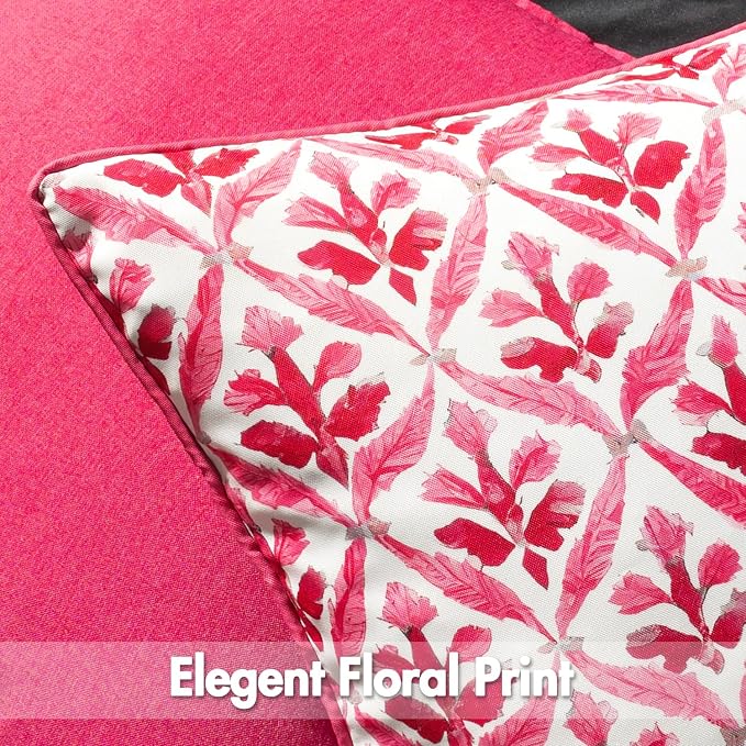 MIULEE Outdoor Floral Pillow Covers Waterproof 18x18 Hot Pink | Decorative Block Print,Boho Farmhouse, Set of 2 Coastal Summer Cushion Covers with Piping,Garden Patio Furniture Porch Couch