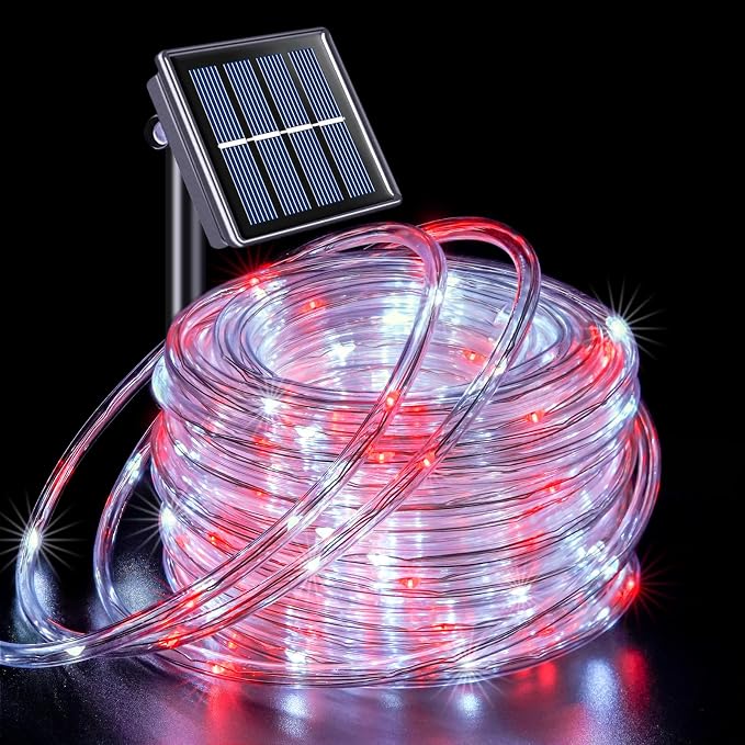 JMEXSUSS 72ft 200 LED Red and White Solar Christmas Rope Lights | IP65 Outdoor Waterproof Christmas Rope Lights with 8 Modes, Solar Christmas Lights for Fence Yard Walkway Christmas