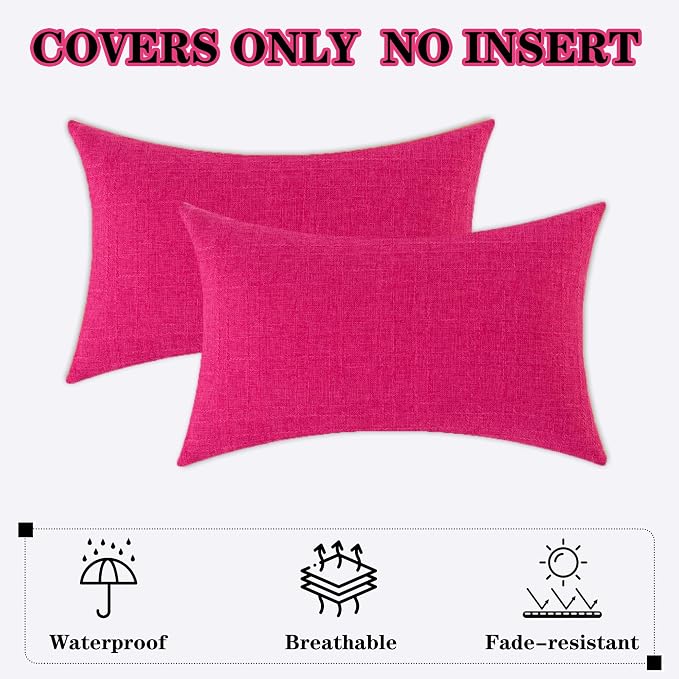 Kevin Textile Outdoor Waterproof 14”x24” Pillow Covers 2 Pack, Hot Pink | Water Resistant, Soft Faux Linen-cotton Yarn-dyed Woven Texture Throw Pillow Covers for Tent Patio Garden Couch Sofa