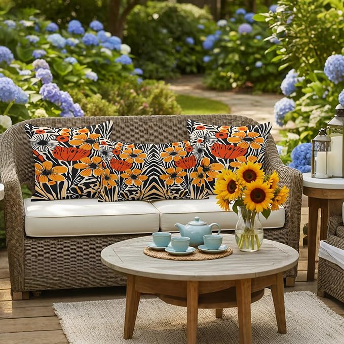 Orange Yellow Black Botanical Outdoor Pillow Covers 26x26 Inch Throw Pillow Covers Set of 2 Waterproof Decorative Pillow Cases Modernism Spring Floral Cushion Covers for Patio Furniture Garden Couch
