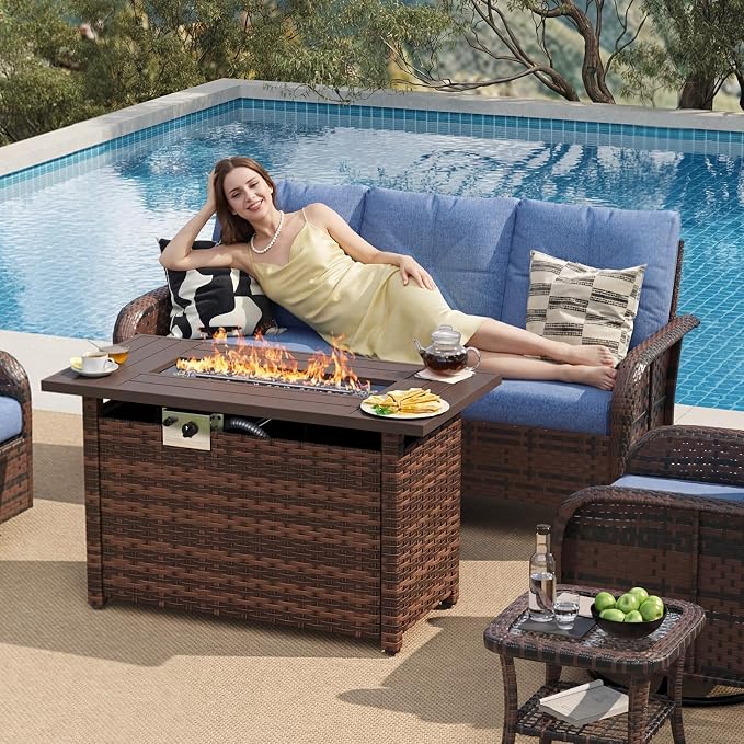 LazySunsets 7 Piece Outdoor Patio Furniture Set with 44'' Fire Pit Table, Wicker Rattan Outdoor Furniture with High Back Swivel Rocker Chairs, Outdoor Sofa Set with Thick Cushions, Navy Blue
