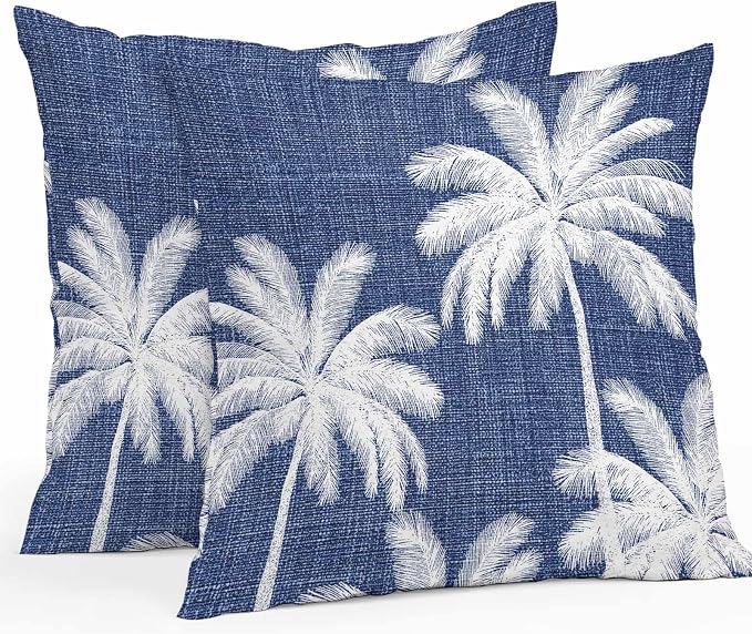 Outdoor Pillow Covers 26x26 Inch Set of 2, Indigo Blue Palm Trees Waterproof Throw Pillow Covers, Farmhouse Tropical Summer Beach Decorative Cushion Pillowcases for Couch, Sofa, Bed, Garden, Patio