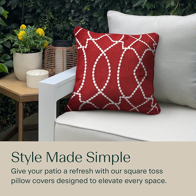 Honeycomb Outdoor Square Toss Pillow Covers, 18 x 18, 2-Pack | Imperial Red Embroidered Slipcovers, Water & Fade Resistant for Patio Furniture Set, Cover Only, No Insert