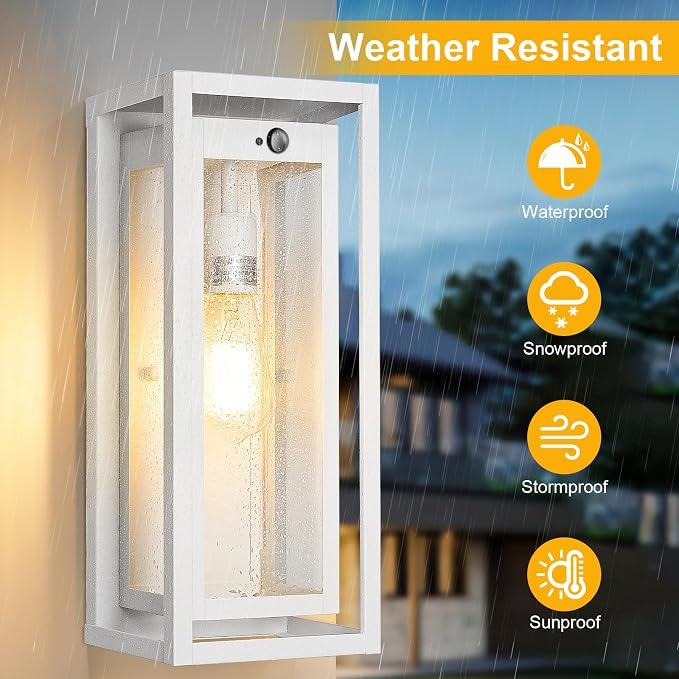 15" Motion Sensor Outdoor Lights, 2 Pack Large White Outdoor Light Fixture, 3 Lighting Modes Waterproof Anti-Rust Wall Sconces, Exterior Lighting Fixtures for Front Door, Porch, Garage