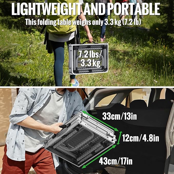GARLLEN Folding Grill Table, 3 Adjustable Height Portable BBQ Table with Heat-Resistant Mesh Tabletop, Lightweight Aluminum Camping Tables for Outdoor, Grill, Picnic, 34.2" L x 15.7" W, Silver