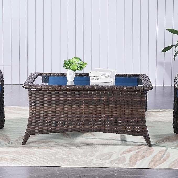 Belord Outdoor Coffee Table with Tempered Glass Top, Patio Rectangular Brown Wicker, Handwoven Rattan Coffee Table Compatible with Patio Furniture Sets for Porch Deck Backyard